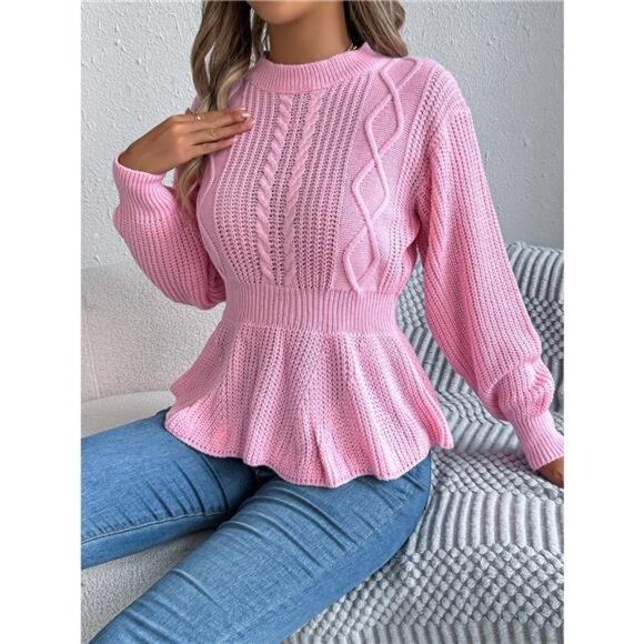 Cable Knit Round Neck Peplum Sweater - Picture 12 of 16